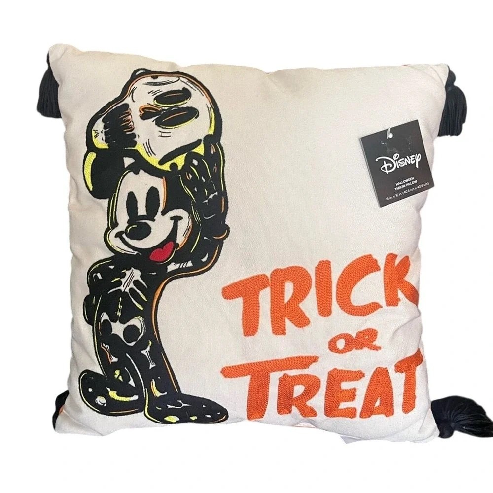 Disney Mickey Mouse Halloween Throw Pillow Trick or Treat Skull Embroidered NWT